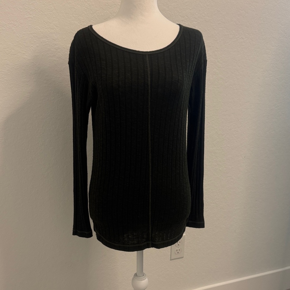 Michael Stars Dark Green Ribbed Scoop Long Sleeve Tee